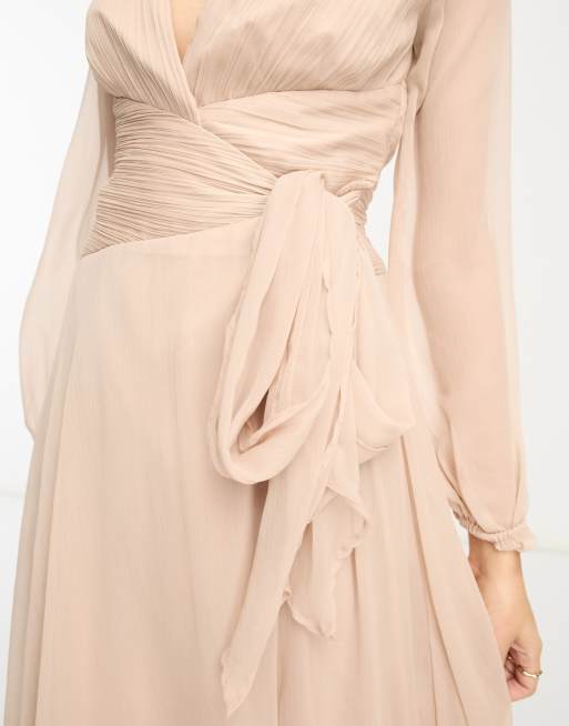 ASOS DESIGN Bridesmaid flutter sleeve maxi dress with satin trim detail and  wrap skirt