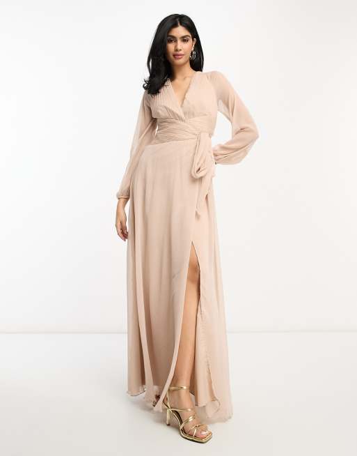 ASOS DESIGN Bridesmaid long sleeve ruched maxi dress with wrap skirt in blush