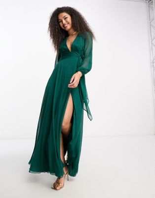 ASOS DESIGN Bridesmaid long sleeve ruched maxi dress with wrap skirt in forest green