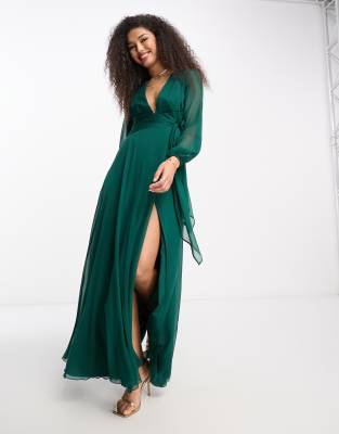 ASOS DESIGN Bridesmaid long sleeve ruched maxi dress with wrap skirt in forest green