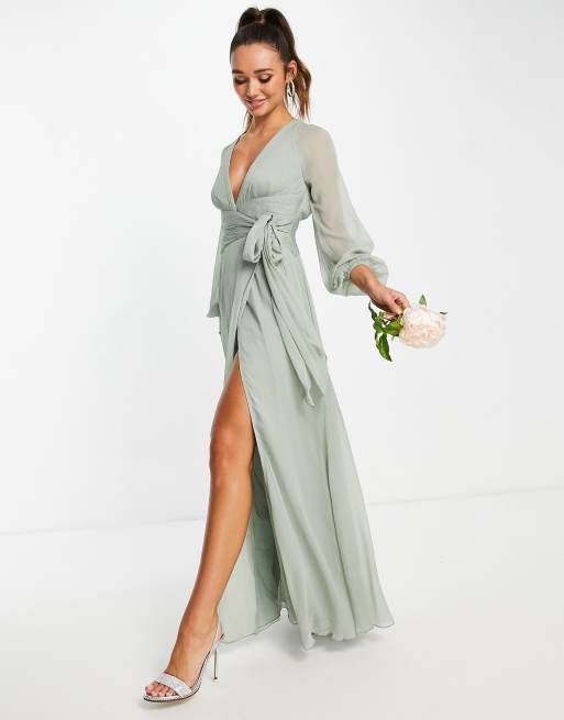 ASOS DESIGN Bridesmaid long sleeve ruched maxi dress with wrap skirt in olive