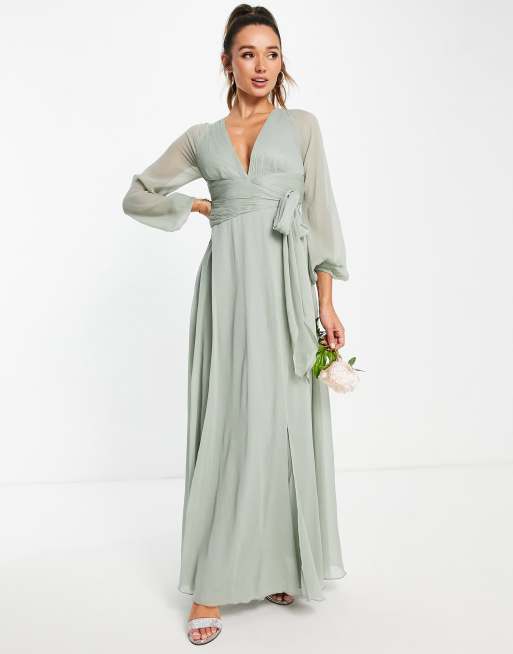 ASOS DESIGN Bridesmaid long sleeve ruched maxi dress with wrap skirt in  olive