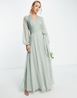 Asos Design Bridesmaid Long Sleeve Ruched Maxi Dress With Wrap Skirt In Olive-green