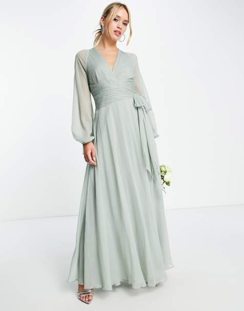 ASOS DESIGN Bridesmaid satin ruched halter neck maxi dress in sage