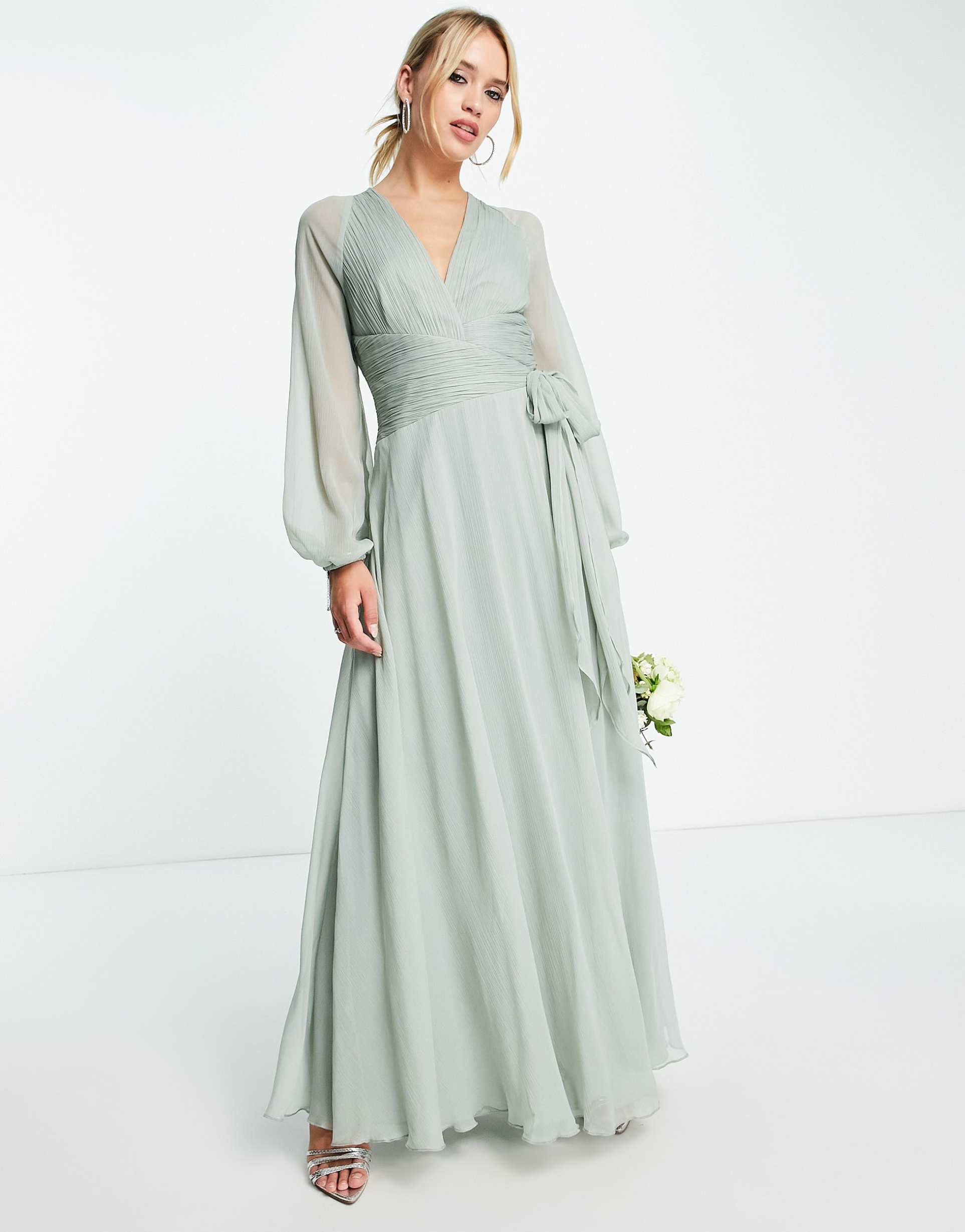 asos design bridesmaid long sleeve ruched maxi dress with wrap skirt in olive