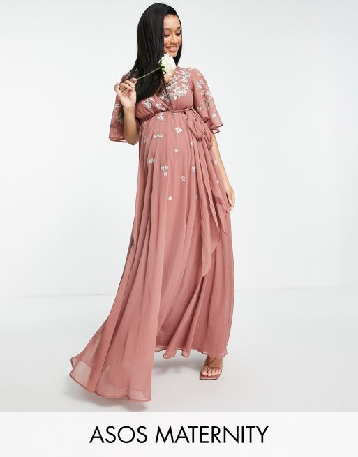 Asos Design Bridesmaid Maternity Flutter Sleeve Wrap Waist Maxi Dress With Tonal Floral 