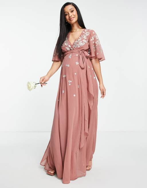 ASOS DESIGN Bridesmaid Maternity flutter sleeve wrap waist maxi dress with tonal floral embroidery