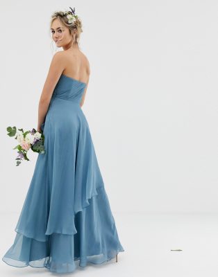 asos design bridesmaid maxi bandeau dress with soft layered skirt