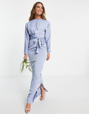 ASOS DESIGN Bridesmaid maxi dress with batwing sleeve and wrap waist in  satin in blue | Smart Closet