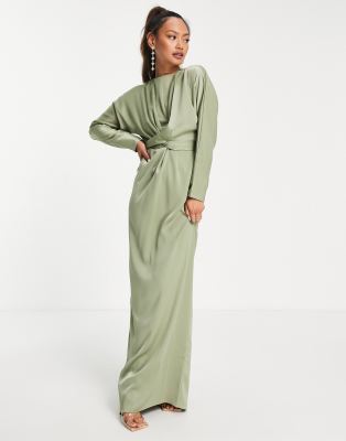 Asos Design Bridesmaid Maxi Dress With Batwing Sleeve And Wrap Waist In Satin In Olive Green 3132