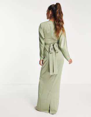 ASOS DESIGN Bridesmaid maxi dress with batwing sleeve and wrap waist in  satin in olive | ASOS