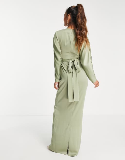 ASOS DESIGN Bridesmaid maxi dress with batwing sleeve and wrap waist in satin in olive