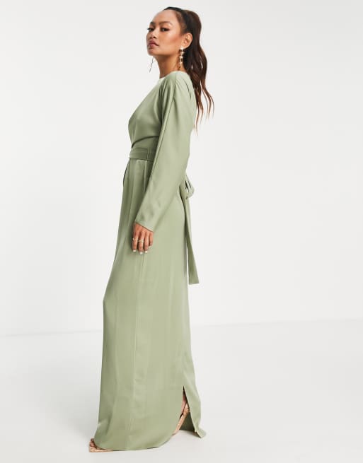 ASOS DESIGN Bridesmaid maxi dress with batwing sleeve and wrap waist in satin in olive