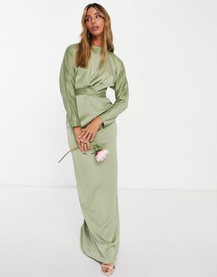 ASOS DESIGN Bridesmaid maxi dress with batwing sleeve and wrap waist in satin in olive