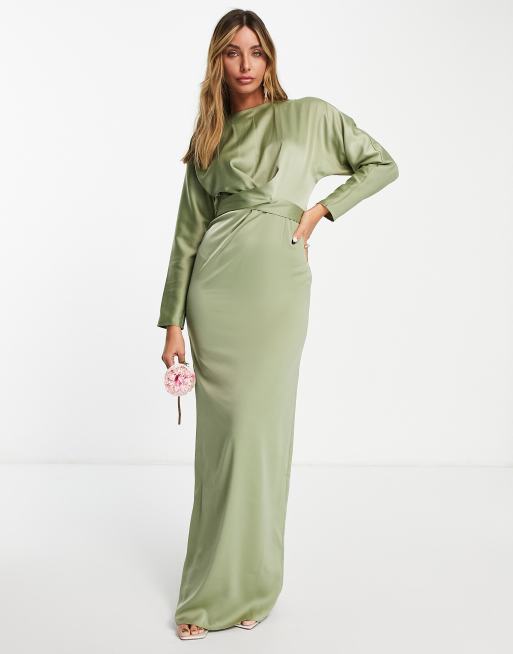 ASOS DESIGN satin long sleeve maxi dress with drawstring back in olive