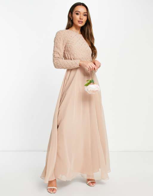 ASOS DESIGN Bridesmaid maxi dress with long sleeve embellishment and tulle skirt in blush