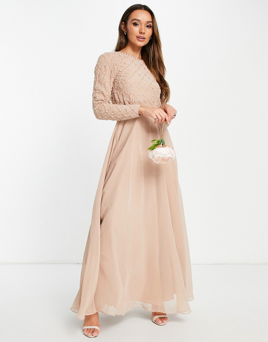 ASOS DESIGN Bridesmaid maxi dress with long sleeve embellishment & tulle skirt in blush-Pink