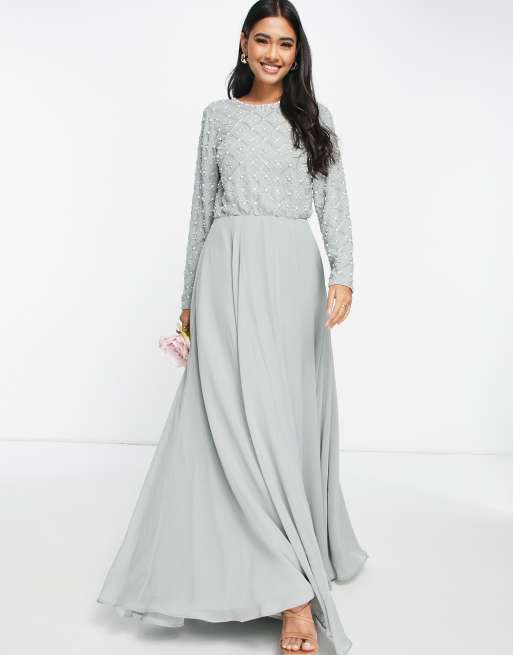 ASOS DESIGN Bridesmaid maxi dress with long sleeve in embellishment in olive