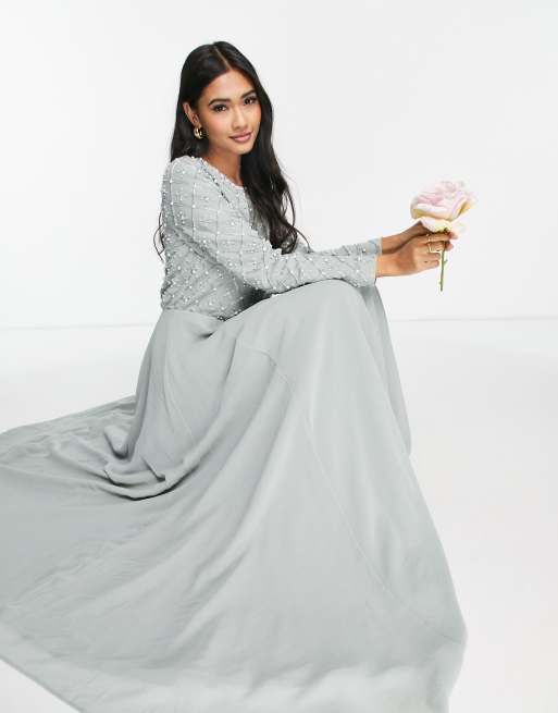 ASOS DESIGN Bridesmaid pearl embellished long sleeve maxi dress