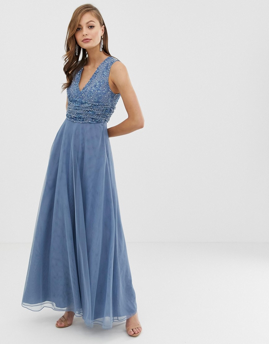 ASOS DESIGN Bridesmaid maxi dress with pearl and sequin embellished drape bodice-Blue