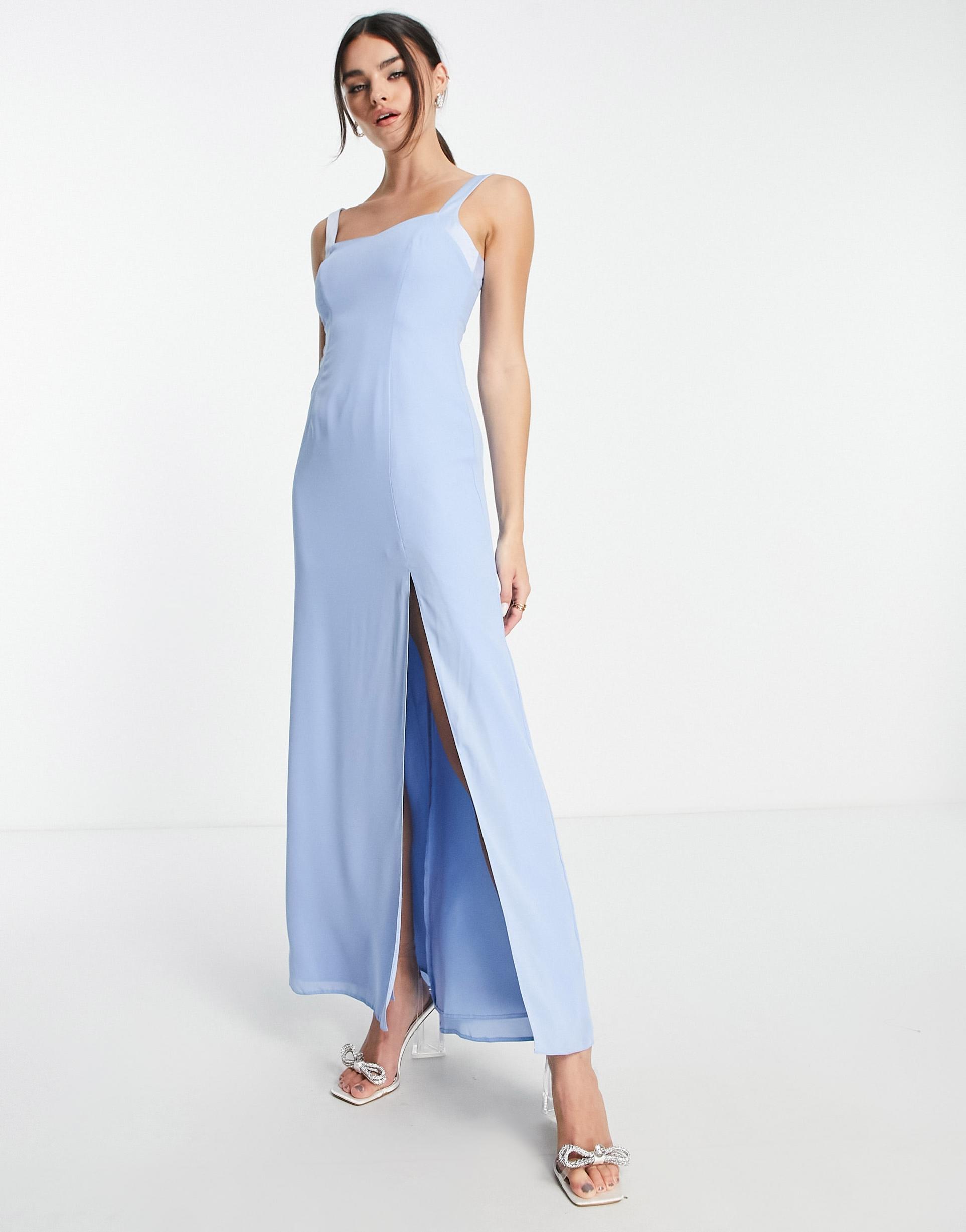 asos design bridesmaid maxi dress with satin curved neckline and split detail in powder blue