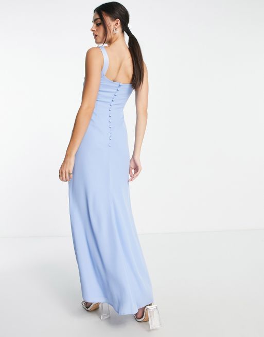 ASOS DESIGN Bridesmaid maxi dress with satin curved neckline and split detail in powder blue