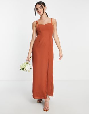 ASOS DESIGN Bridesmaid maxi dress with satin curved neckline and split detail in rust-Orange