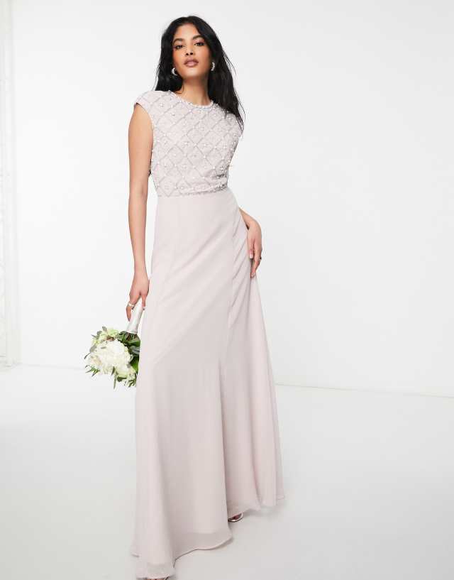 ASOS DESIGN Bridesmaid maxi dress with short sleeve in pearl and beaded embellishment