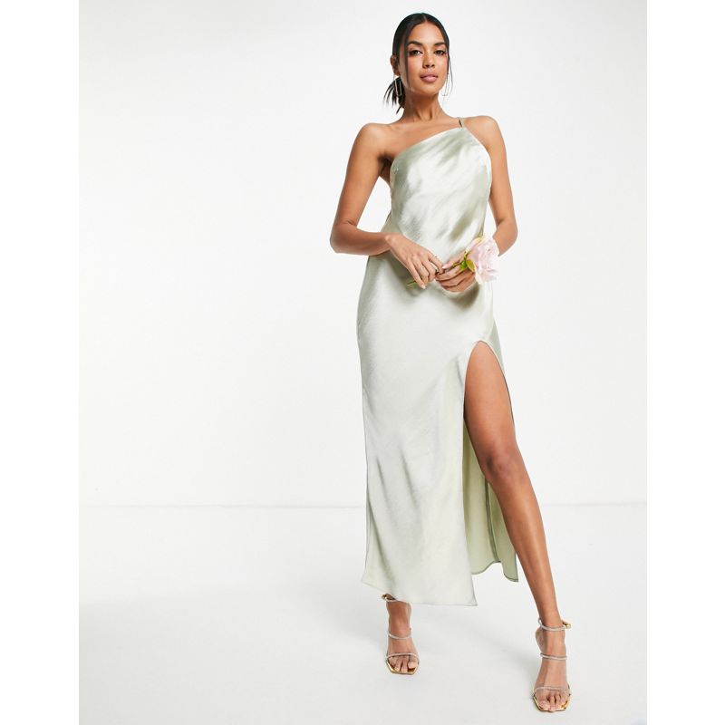 DESIGN – Bridesmaid – Midaxikleid mit One-Shoulder-Träger aus Satin in Olivgrün mit drapiertem Rücken