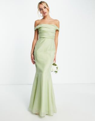 ASOS DESIGN Bridesmaid off shoulder maxi dress with corset detail in sage