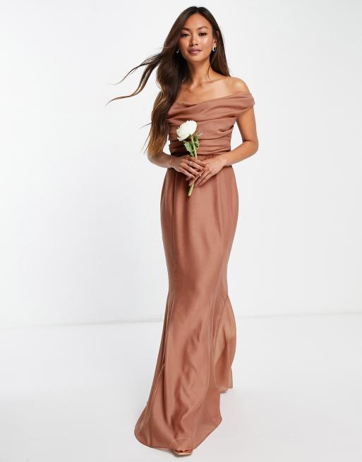 Satin off the clearance shoulder bridesmaid dress