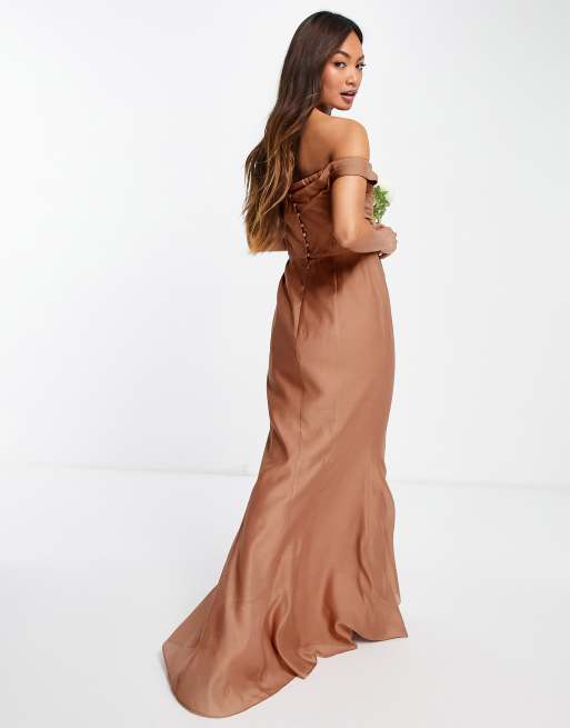 Satin Corset Off Shoulder Maxi Dress