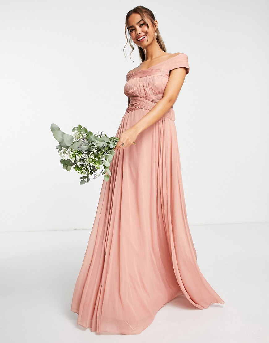 ASOS DESIGN Bridesmaid off shoulder ruched bodice maxi dress with skirt pleat detail-Pink