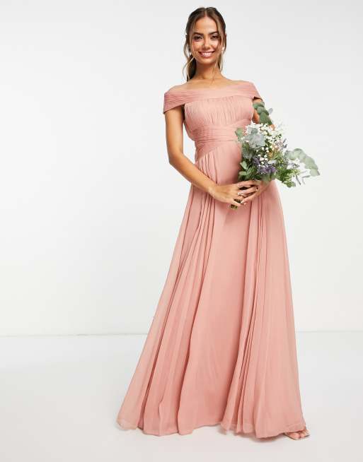 ASOS DESIGN Bridesmaid off shoulder ruched bodice maxi dress with