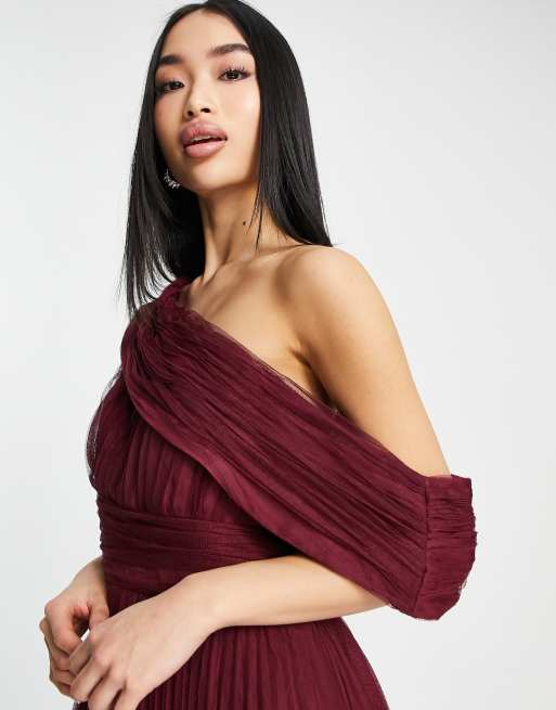 ASOS DESIGN Bridesmaid off shoulder tulle maxi dress with pleated skirt in  oxblood