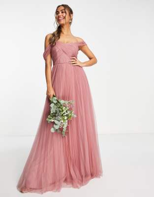 Asos Design Bridesmaid Off Shoulder Tulle Maxi Dress With Tie Back And Pleated Skirt In Rose-pink
