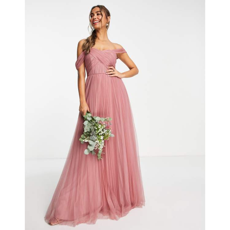 ASOS DESIGN Bridesmaid off shoulder tulle maxi dress with tie back and  pleated skirt in rose