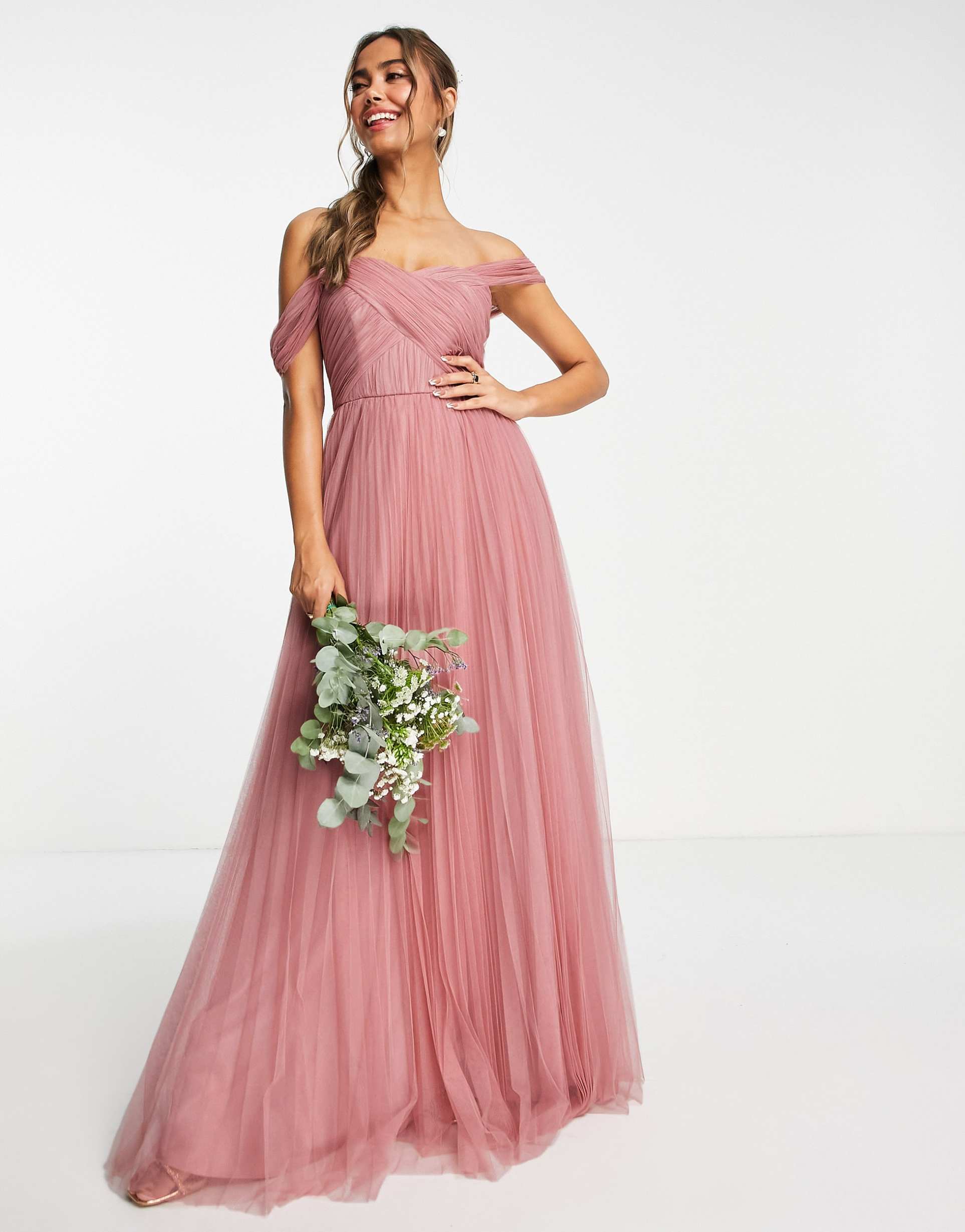 asos design bridesmaid off shoulder tulle maxi dress with tie back and pleated skirt in rose