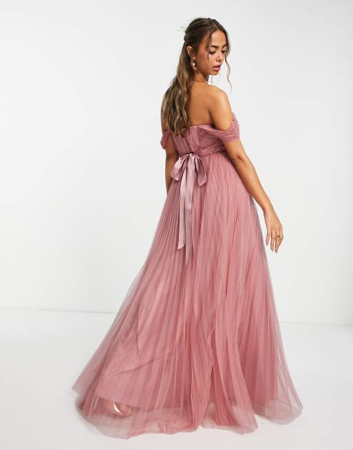 ASOS DESIGN Bridesmaid pleated tulle maxi skirt with ribbon waist in wine -  part of a set