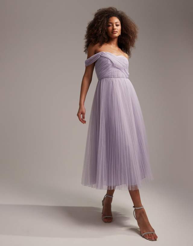 lilac bridesmaid dresses asos DESIGN off shoulder tulle midi dress with tie back and pleated skirt in lilac dress