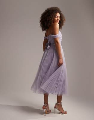 ASOS DESIGN Bridesmaid off shoulder tulle midi dress with tie back and  pleated skirt in lilac