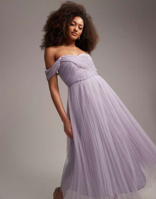 ASOS DESIGN Bridesmaid off shoulder tulle midi dress with tie back and pleated skirt in lilac