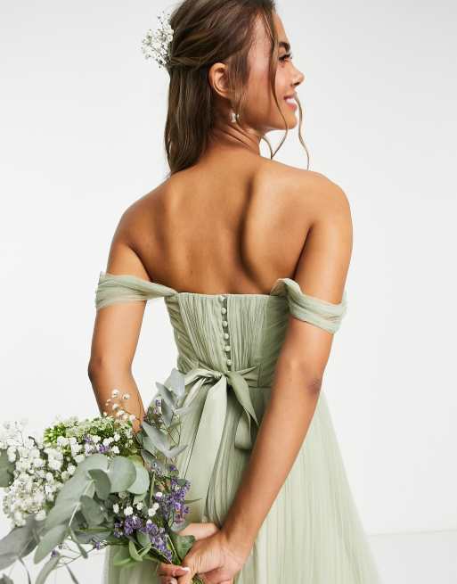 ASOS DESIGN Bridesmaid off shoulder tulle midi dress with tie back and pleated skirt in Sage