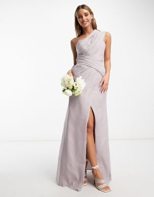 ASOS DESIGN Bridesmaid one shoulder maxi dress with wrap skirt in lilac