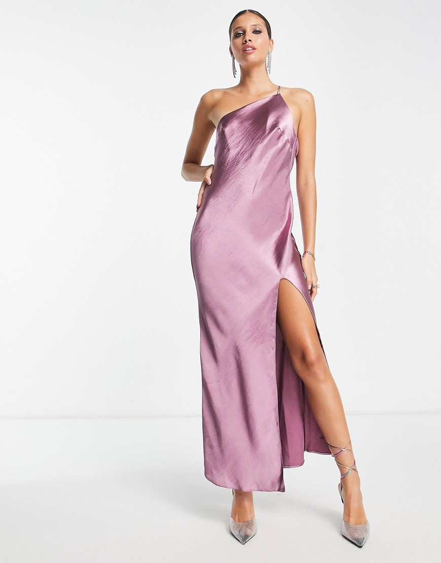 ASOS DESIGN Bridesmaid one shoulder midaxi dress in satin with drape back in dusty orchid-Purple