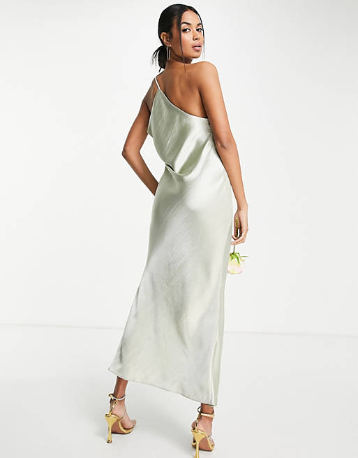  Bridesmaid one shoulder midaxi dress in satin with drape back in olive 