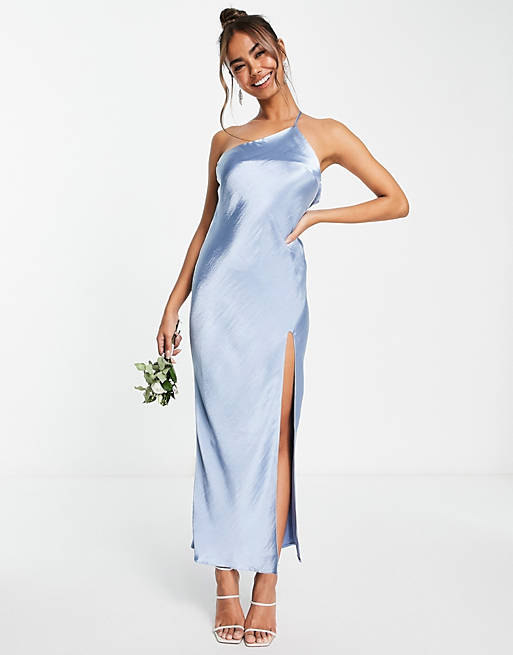 ASOS DESIGN Bridesmaid one shoulder midaxi dress in satin with drape back in powder blue