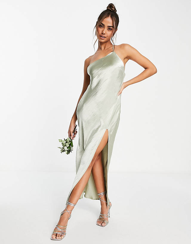 ASOS DESIGN Bridesmaid one shoulder midaxi dress in satin with drape back in sage