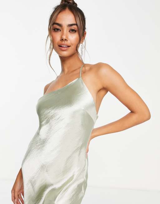 ASOS DESIGN Bridesmaid one shoulder midaxi dress in satin with drape back in sage ASOS