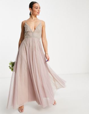 ASOS DESIGN Bridesmaid pearl embellished bodice cami maxi dress with tulle skirt in mauve - ASOS Price Checker